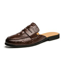 Men's closed toe half-support crocodile pattern PU leather slippers in black, side view