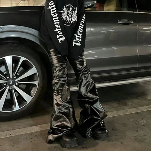 Black coated shiny patent leather-look skinny jeans in mid waist straight-leg style