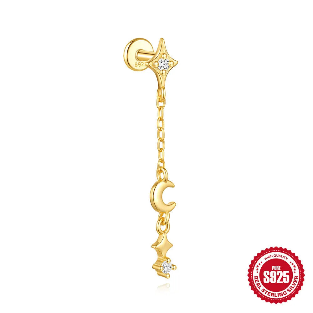 S925 sterling silver geometric earrings with moon and embedded star design in gold colour