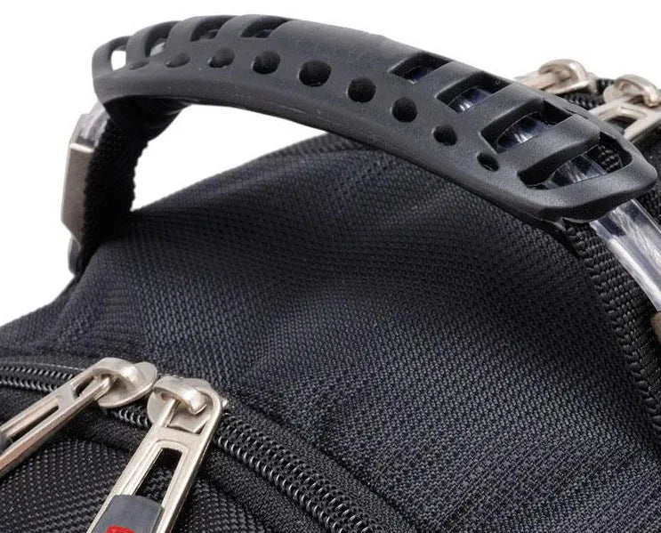 Black business computer backpack open to show three internal compartments and laptop sleeve.