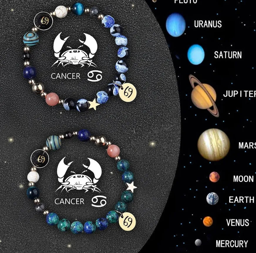 Set of two natural stone beaded zodiac bracelets on a stretch elastic cord.