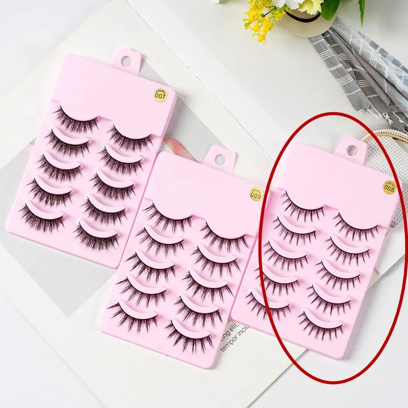 Five pairs of natural wispy manga false eyelashes for anime cosplay in styles 007, 008, and 009.