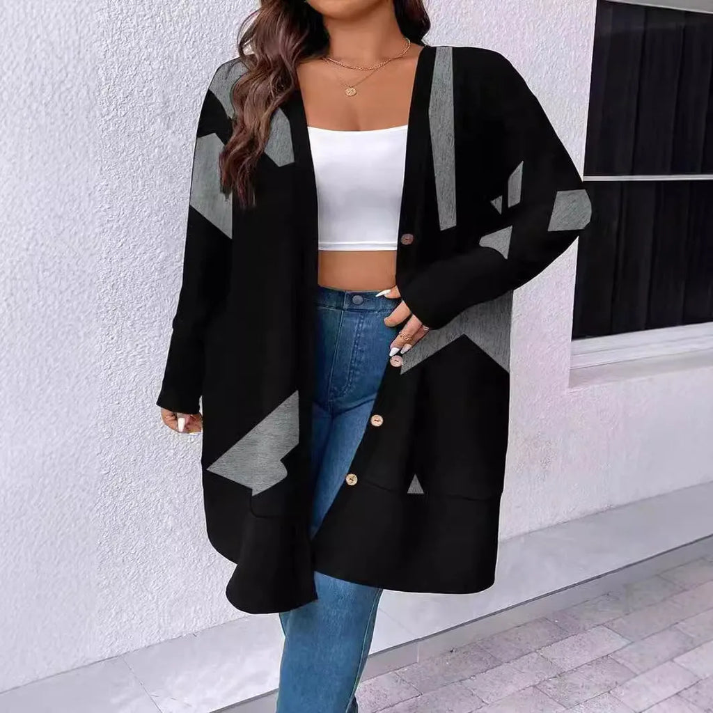 Black plus size casual cardigan coat with button stitching and printing details, loose fit