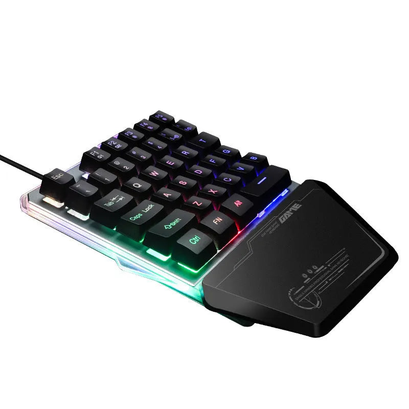 Black robotic one-handed keyboard with RGB backlighting and mechanical switches
