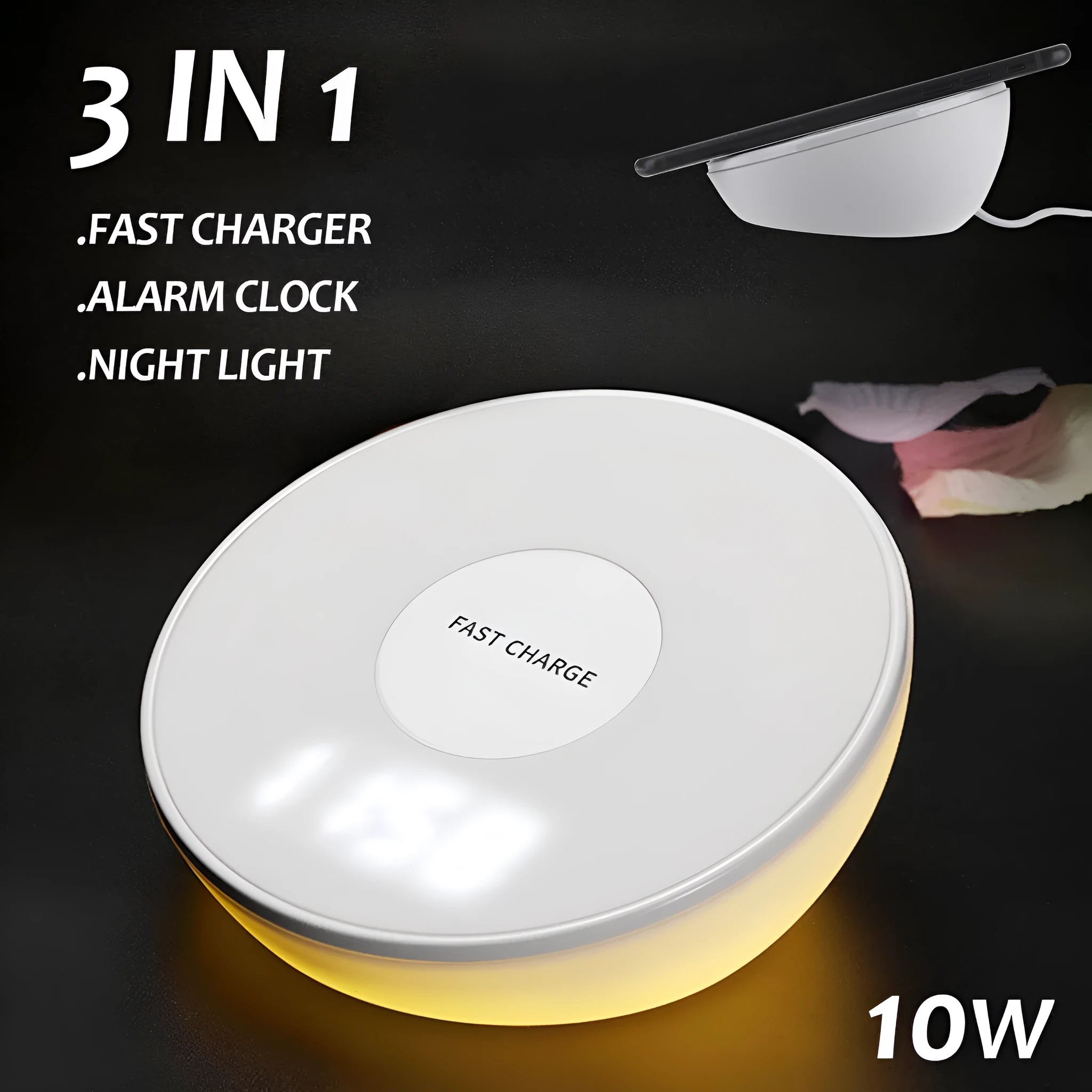 White Qi wireless charger with digital clock display on a desk next to a mobile phone.