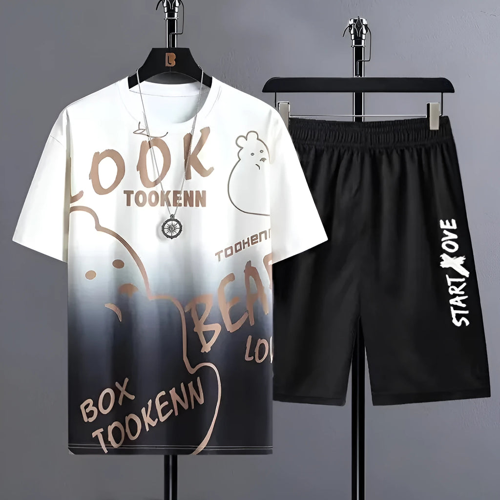 Men's summer suit with short sleeve t-shirt and matching shorts in lightweight polyester fabric