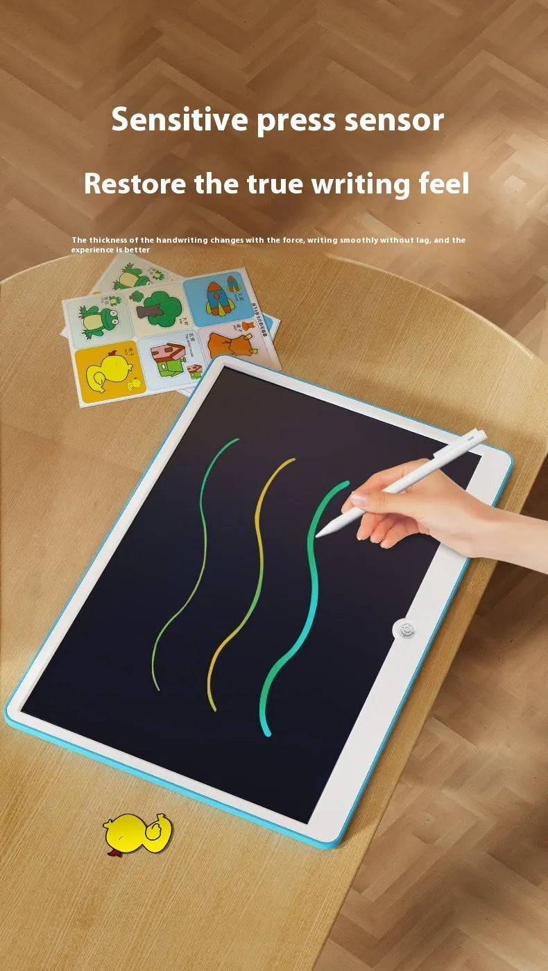 19-inch LCD children's drawing board in blue and white or pink and white colours, showing a colourful doodle on screen.