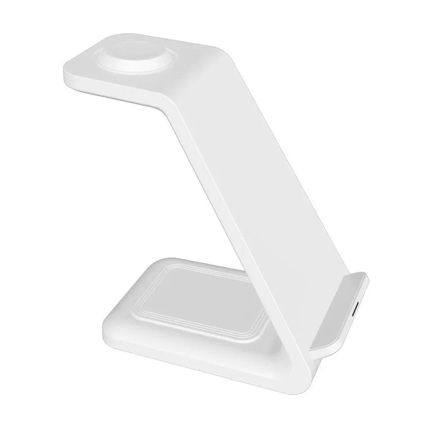 Black upright wireless phone charger with holder displaying mobile phone at angle for charging and viewing