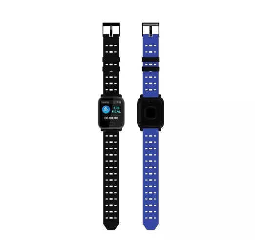 A6 smart fitness bracelet with colour screen and blue silicone strap on a wrist.