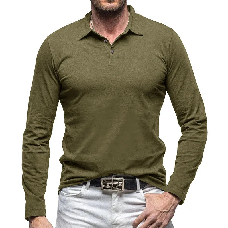 Men's dark gray cotton polo collar long sleeve t-shirt in American Retro style