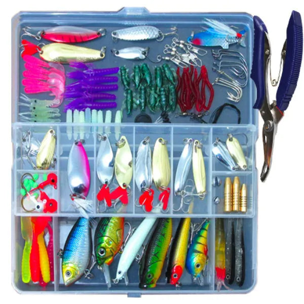 132-piece fishing lure set in rose red colour with plastic lures and steel hooks