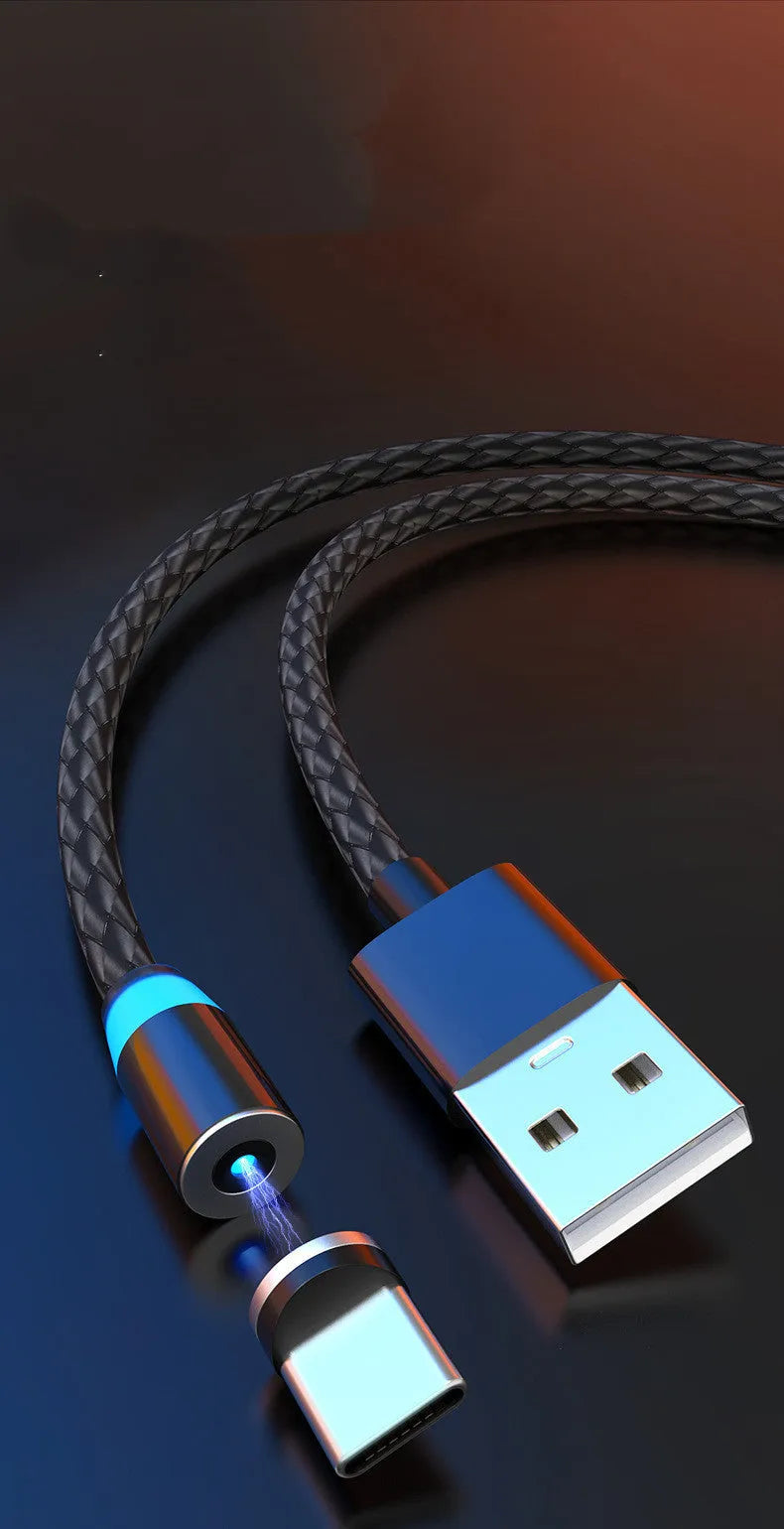 Gold magnetic phone charging cable with breathing light, showing detachable magnetic heads for Apple Lightning and TYPE-C connectors.