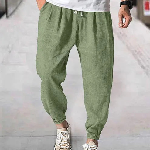 Men's cotton casual trousers with elasticated ankle cuffs in multiple colours including light green
