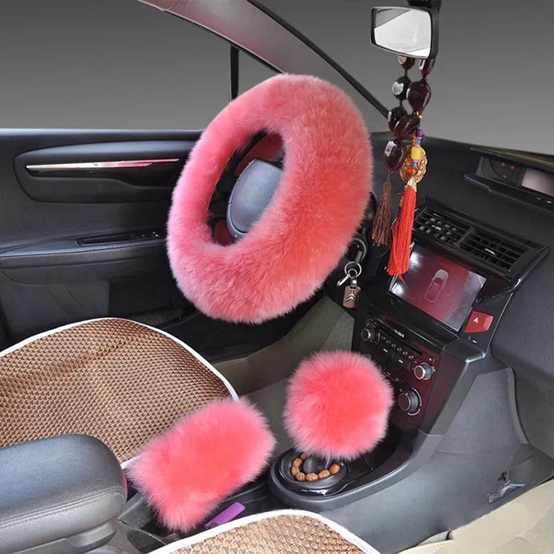 Wool and cashmere blend steering wheel cover and two matching handle covers set for 38cm diameter wheels.
