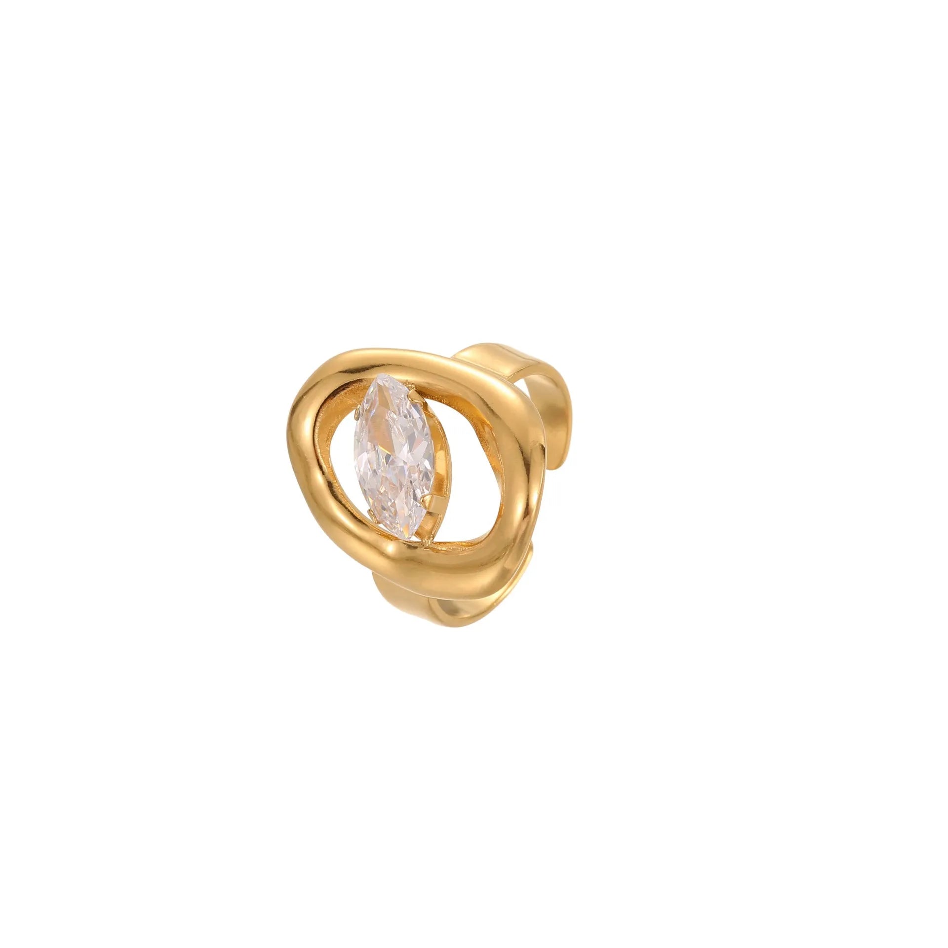 Geometric stainless steel zircon ring with open mouth design showing round, oval and quadrangle elements