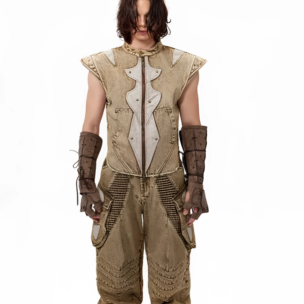 Summer Dark Knight pleated denim vest in cotton fabric, water-wash finish, shown in picture colour