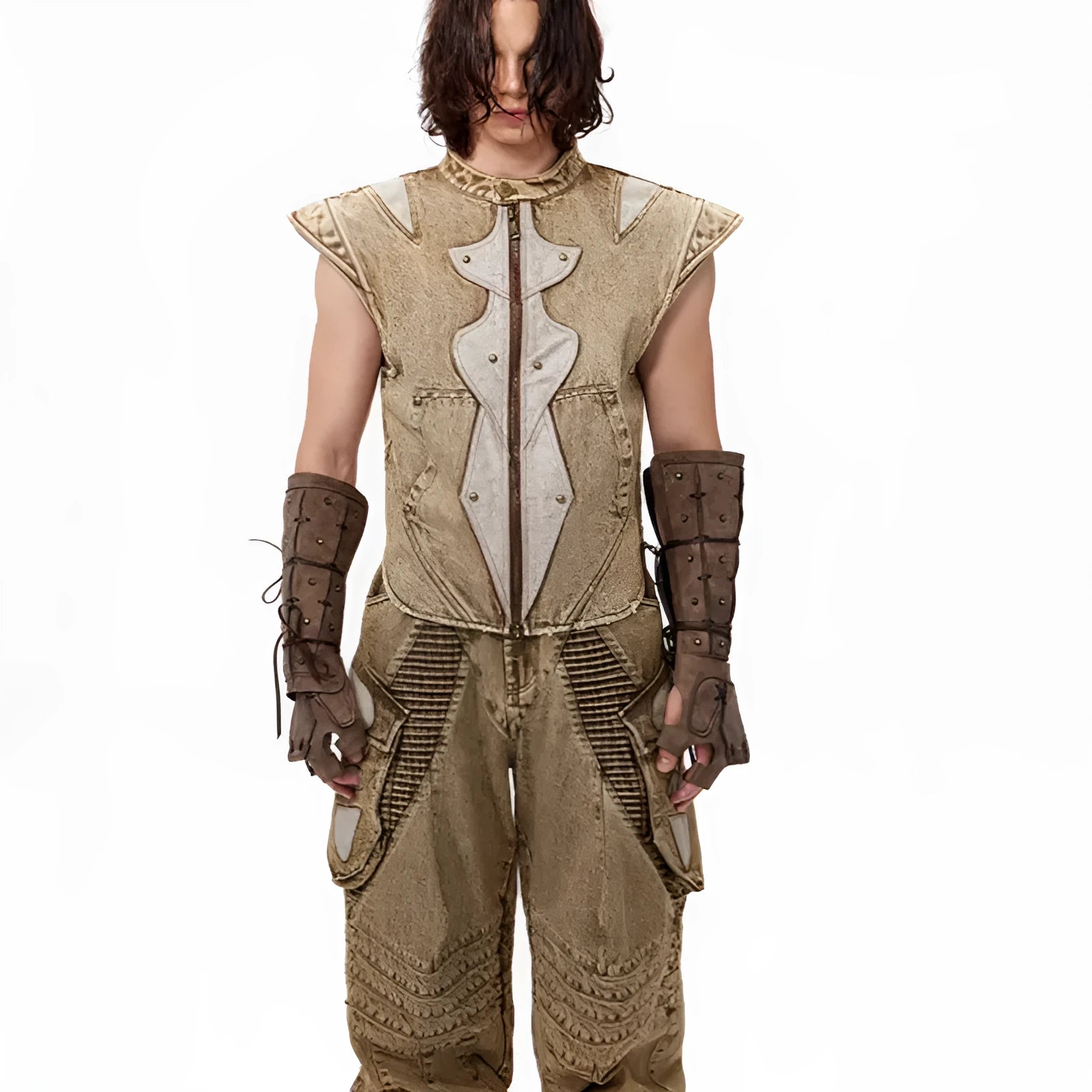 Summer Dark Knight pleated denim vest in cotton fabric, water-wash finish, shown in picture colour