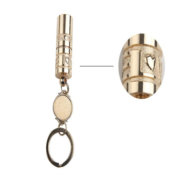 Gold zinc alloy waterproof mini LED flashlight attached to a keychain ring.