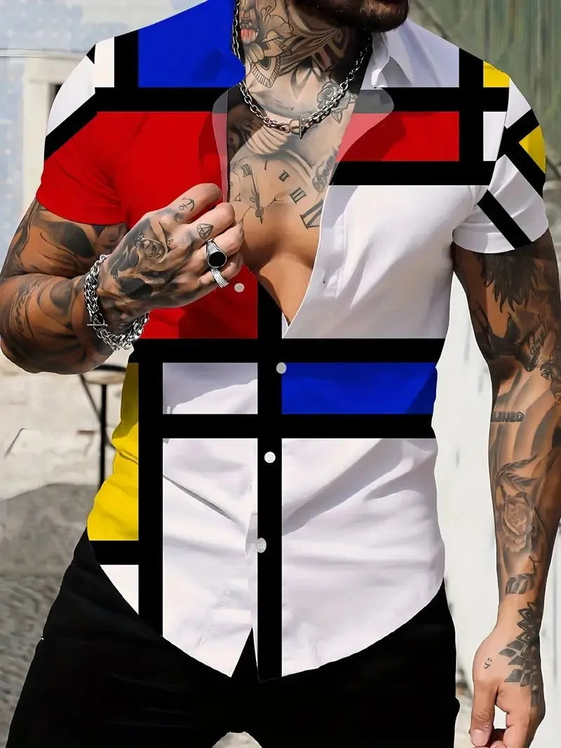 Men's slim fit geometric line print short sleeve lapel shirt in polyester on a mannequin.