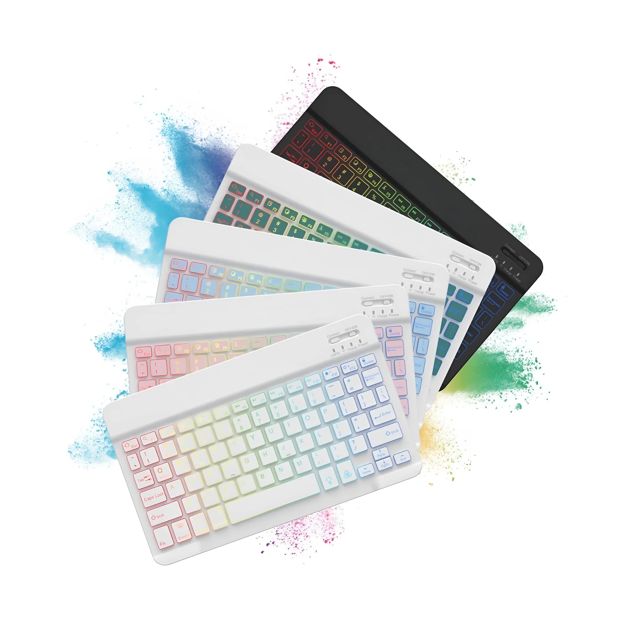10-inch black Bluetooth keyboard with colourful blue backlighting, shown with a charging cable.