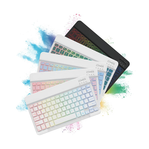 10-inch black Bluetooth keyboard with colourful blue backlighting, shown with a charging cable.