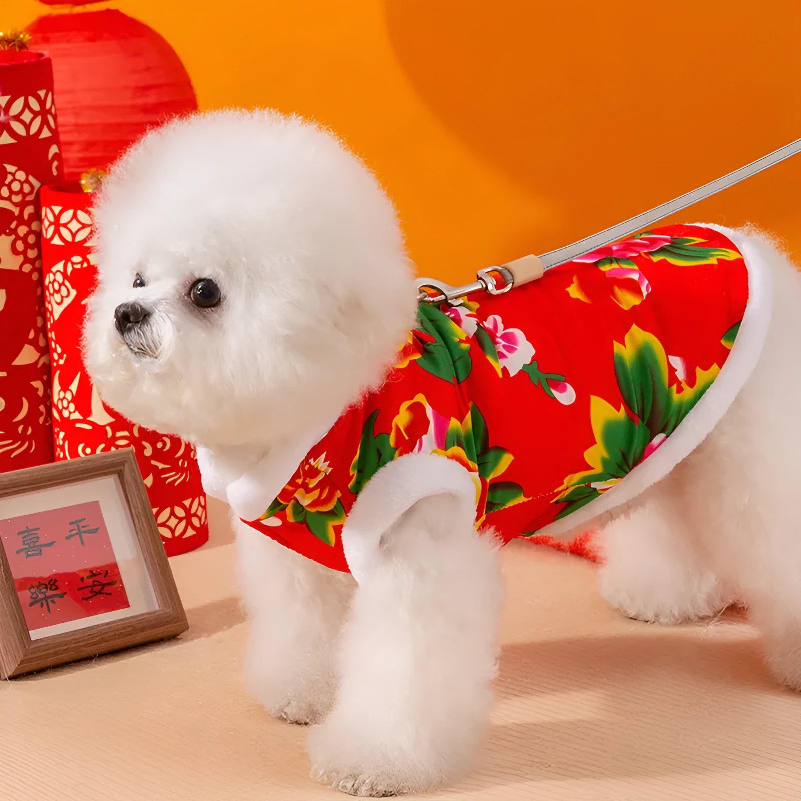 Red winter dog vest with huge peony floral pattern and D-ring, plush lined jacket for small to medium pets