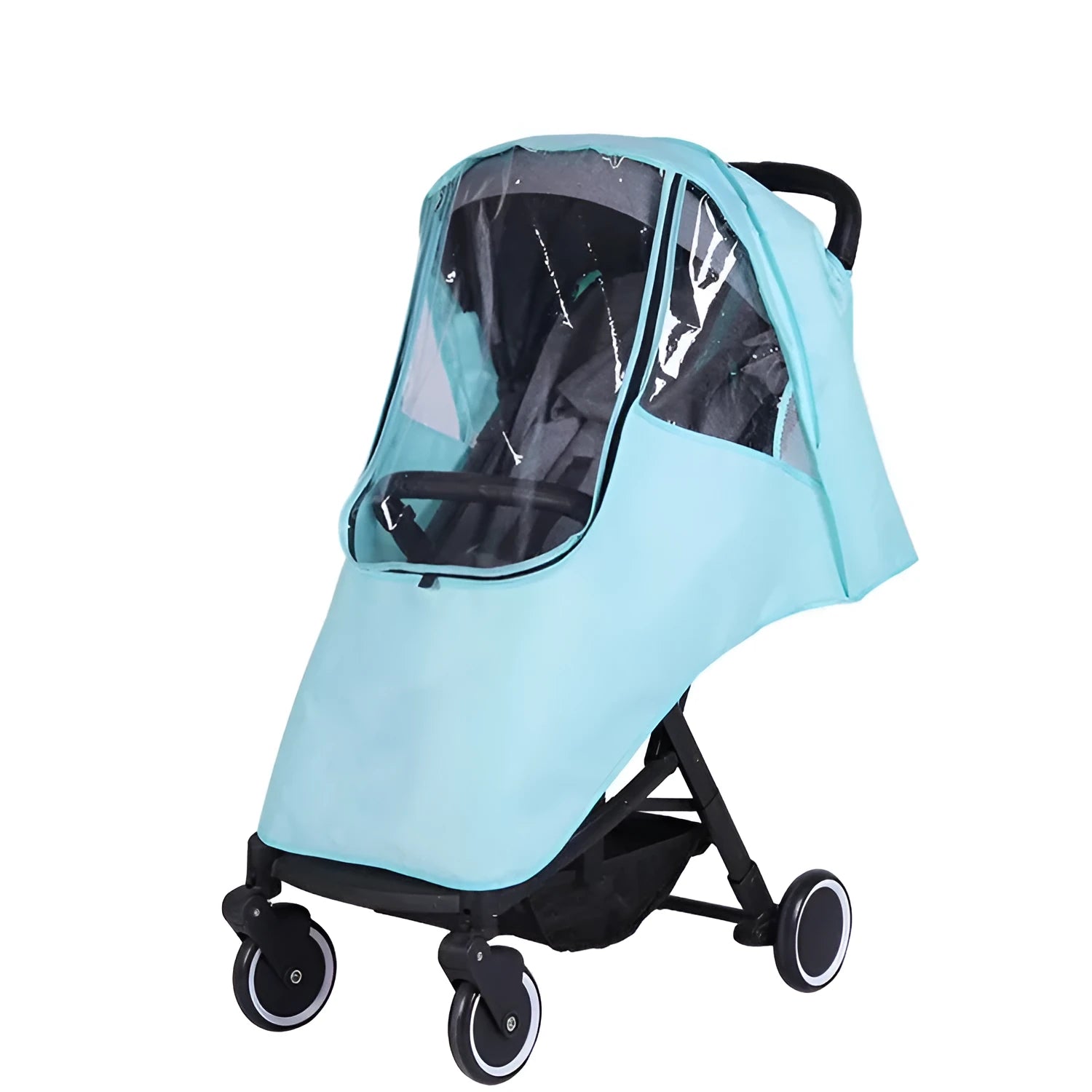 Universal baby stroller rain cover in waterproof cationic linen fabric with non-slip handle.
