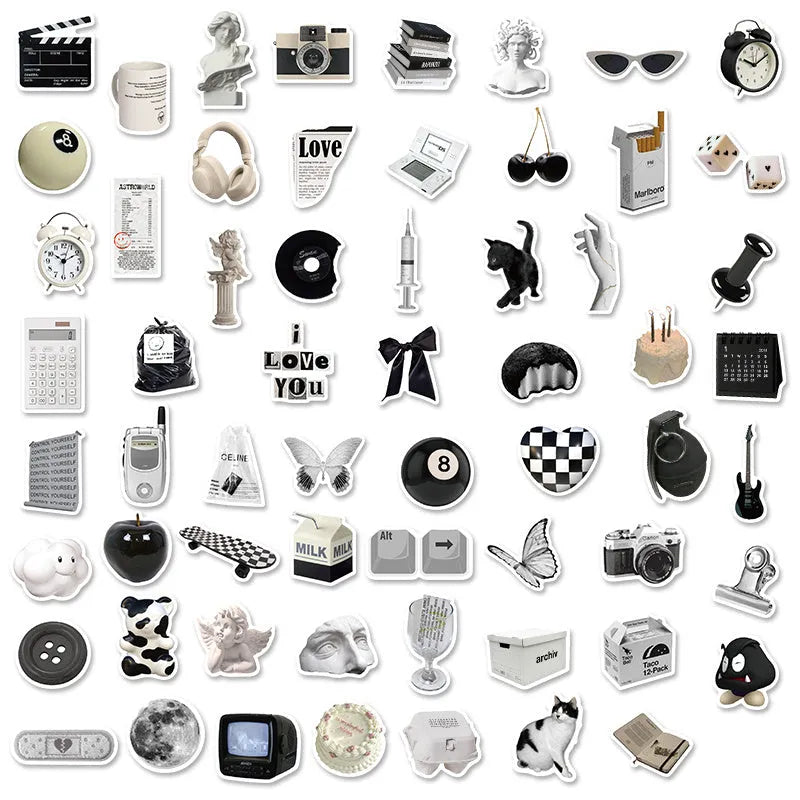 Set of 61 black and white simple style PVC waterproof vinyl stickers for laptops, cups, phones and guitars.