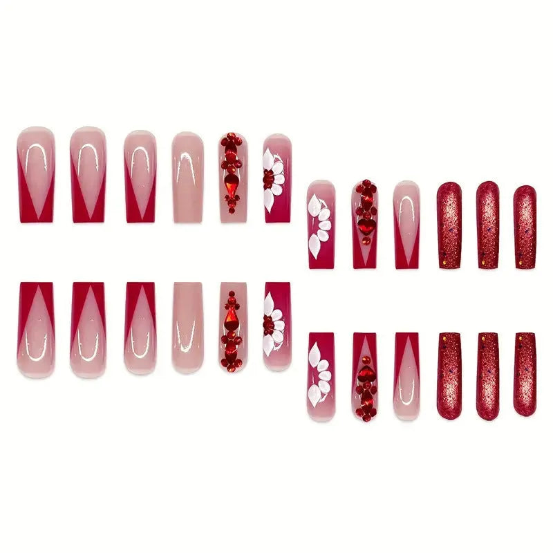 Sweet flowers temperament prismatic red diamond design on long European square artificial nails