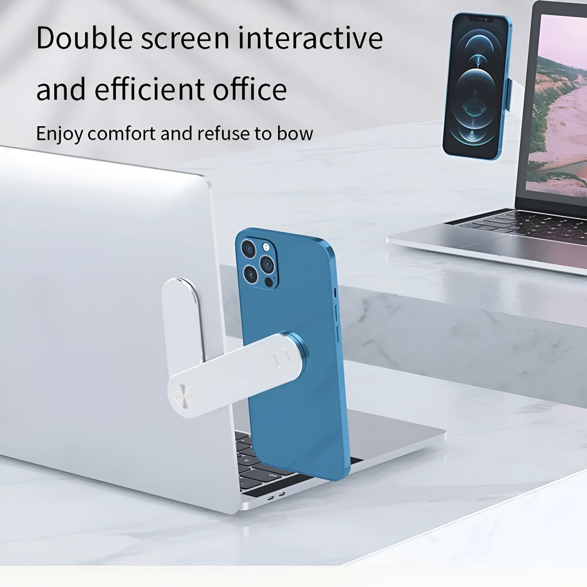 Black aluminium laptop phone holder with magnetic mount attached to laptop showing dual screen setup