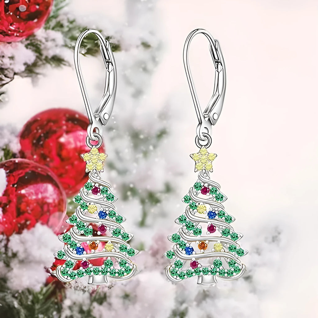 Women's Christmas tree earring pendant with star elements in white gold colour