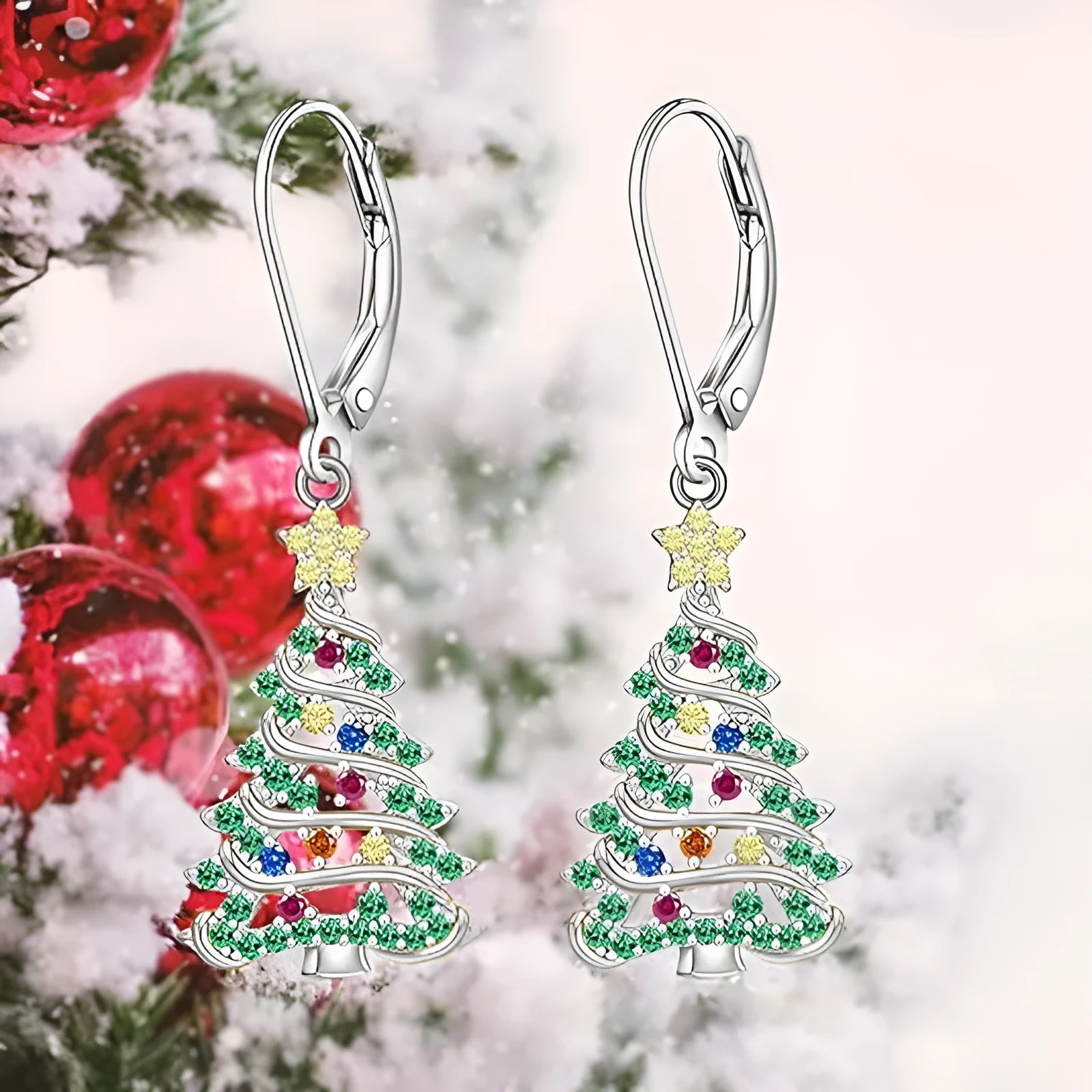 Women's Christmas tree earring pendant with star elements in white gold colour