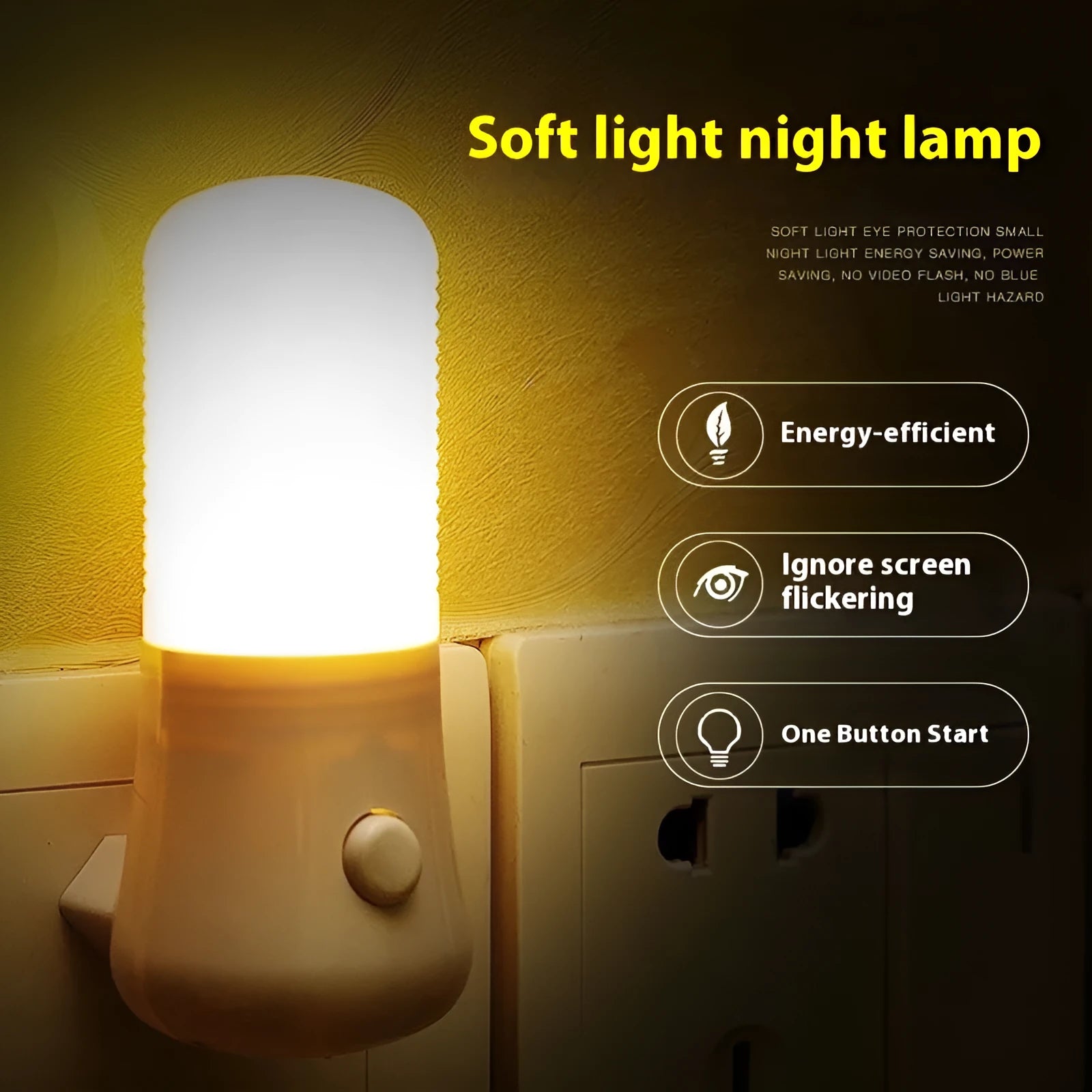 Minimalist plug-in bedside night light with dual colour switch showing white and warm light options
