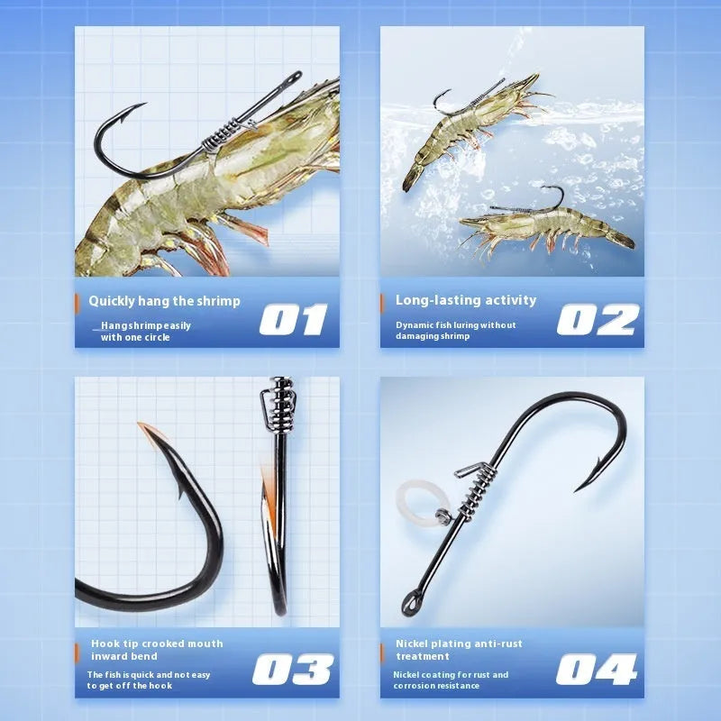 Spring rubber band sea fishing lure for live shrimp with barbed hook, available in multiple sizes