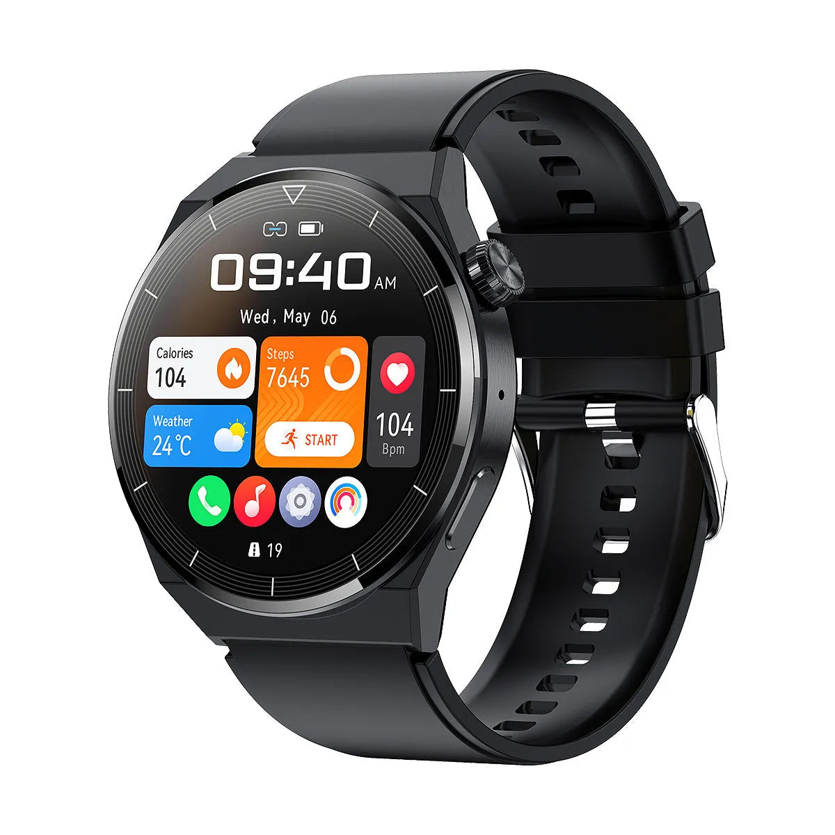 Black and silver Android smart watch with circular screen and silicone band for Bluetooth calls and NFC access.