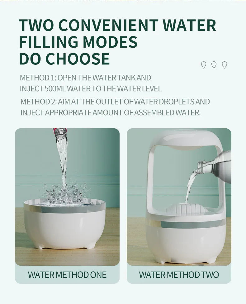 White anti-gravity humidifier with water droplet effect on a desk next to a USB cable.