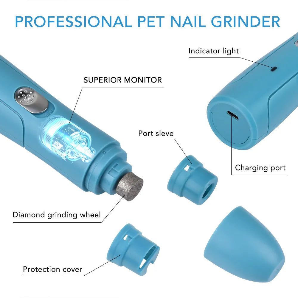 Blue electric pet nail grinder with diamond head on white background, 15.3 cm long