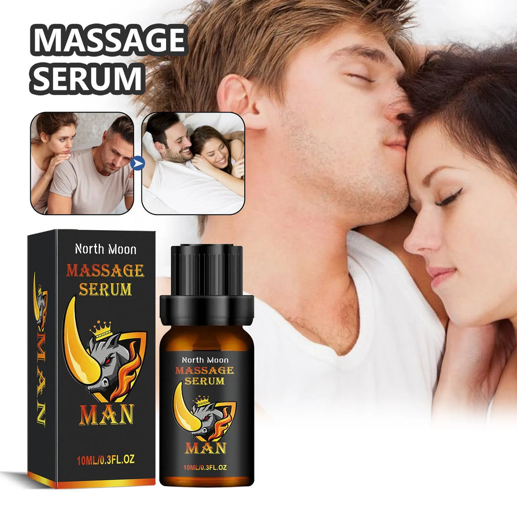 10ml glass bottle of men's endurance vitality massage essential oil with ginger and vitamin E.