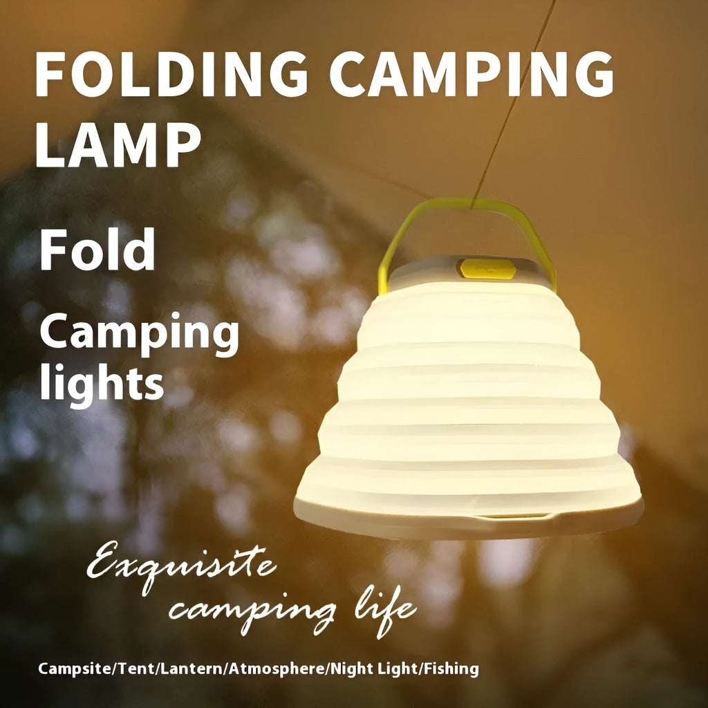 White rechargeable camping lamp with LED lighting and single control button