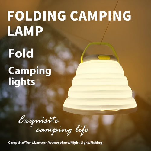 White rechargeable camping lamp with LED lighting and single control button
