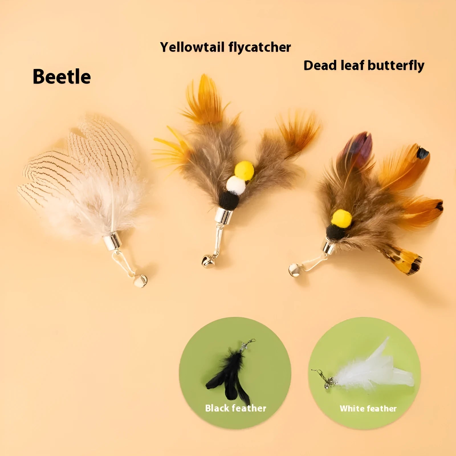Three steel wire cat toy replacement heads with small flying insect designs in assorted colours