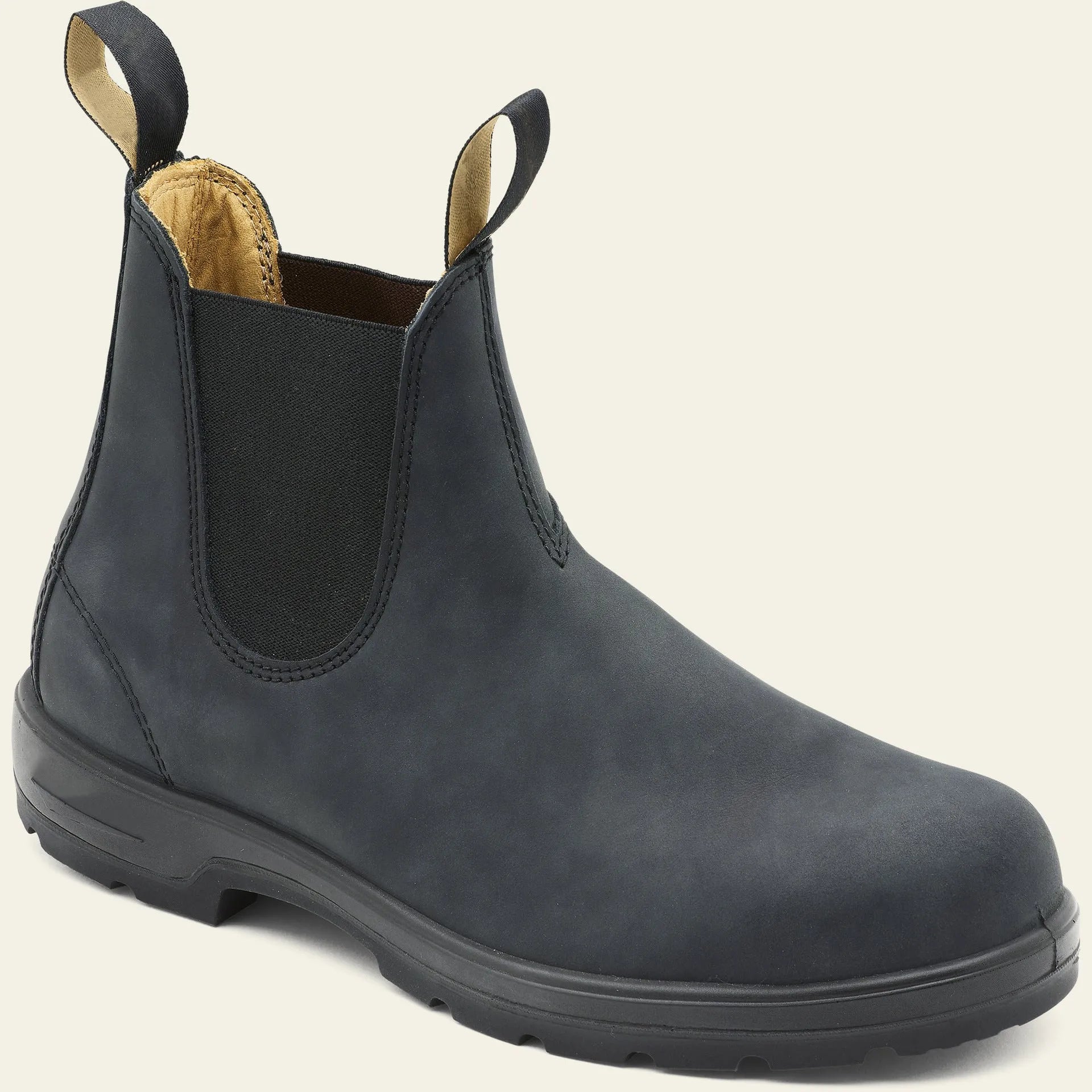 Vintage brown Chelsea boots with frosted PU upper and car suture detailing on a beef tendon sole