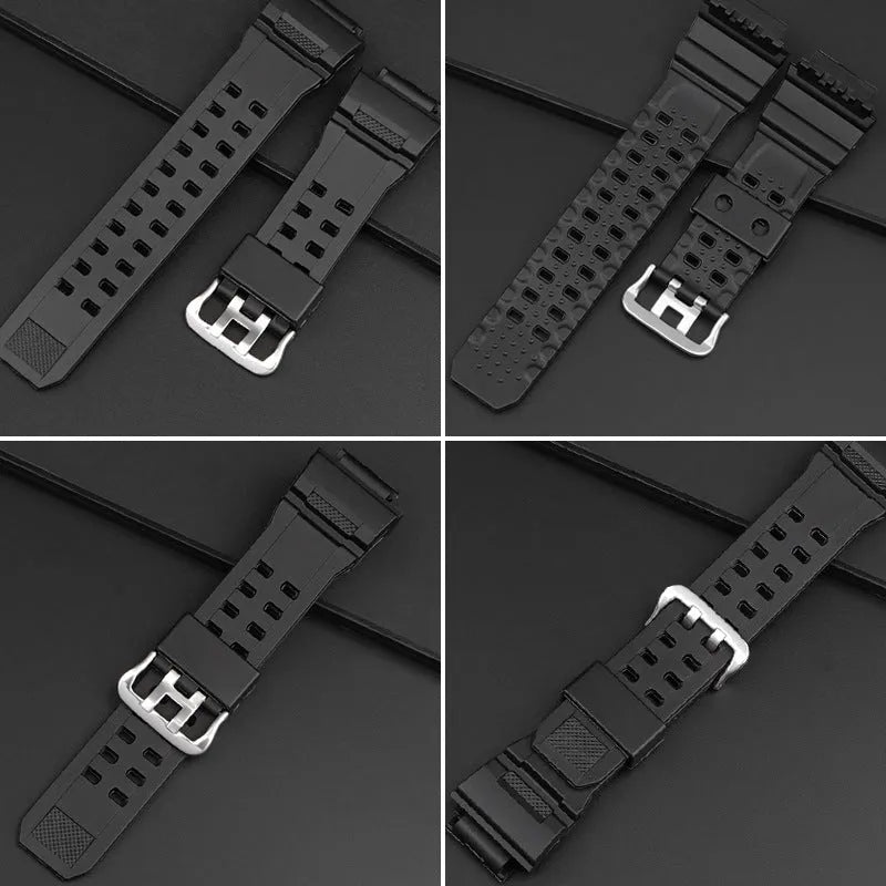Camouflage pattern TPU watch strap with silver buckle showing 19cm length