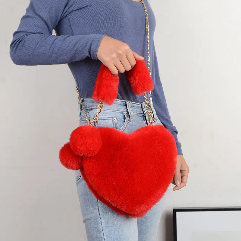Heart-shaped soft plush women's handbag with detachable strap in multiple colour options