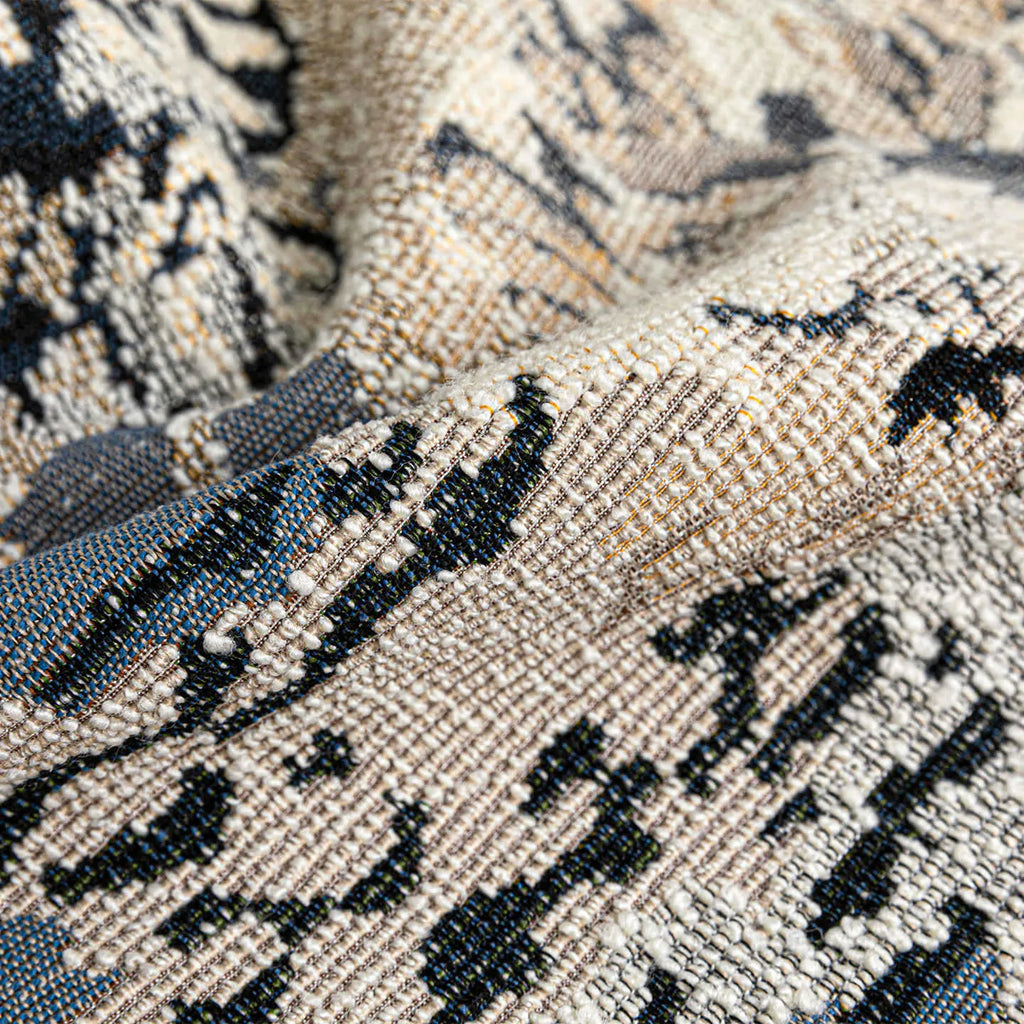 Antique blue abstract floral patterned wool blend cushion cover in square and waist pillow sizes.