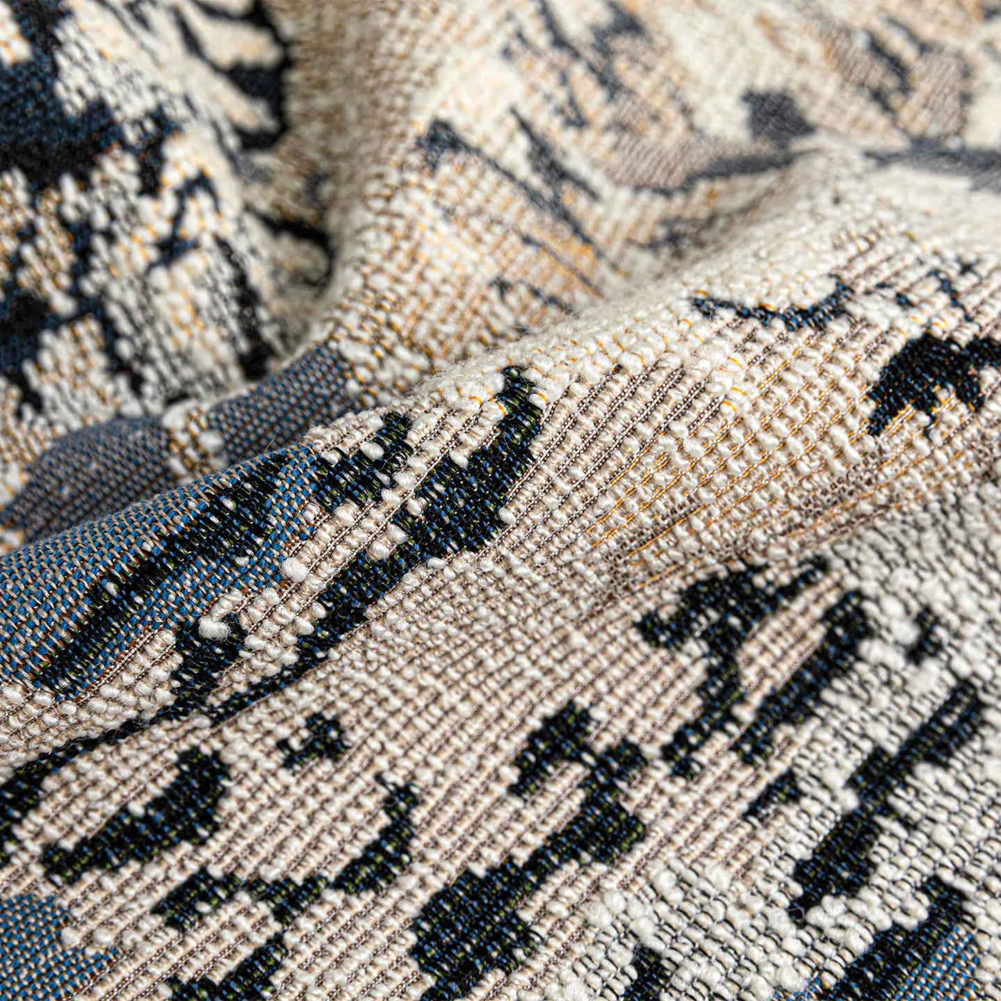Antique blue abstract floral patterned wool blend cushion cover in square and waist pillow sizes.
