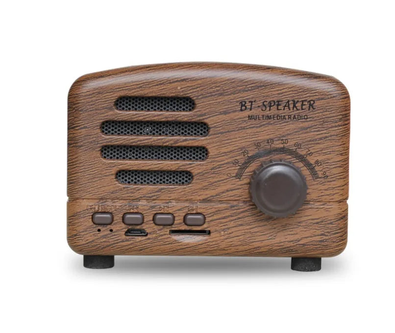 Vintage wood Bluetooth speaker in pink, black, and wood grain colours showing compact 93mm design