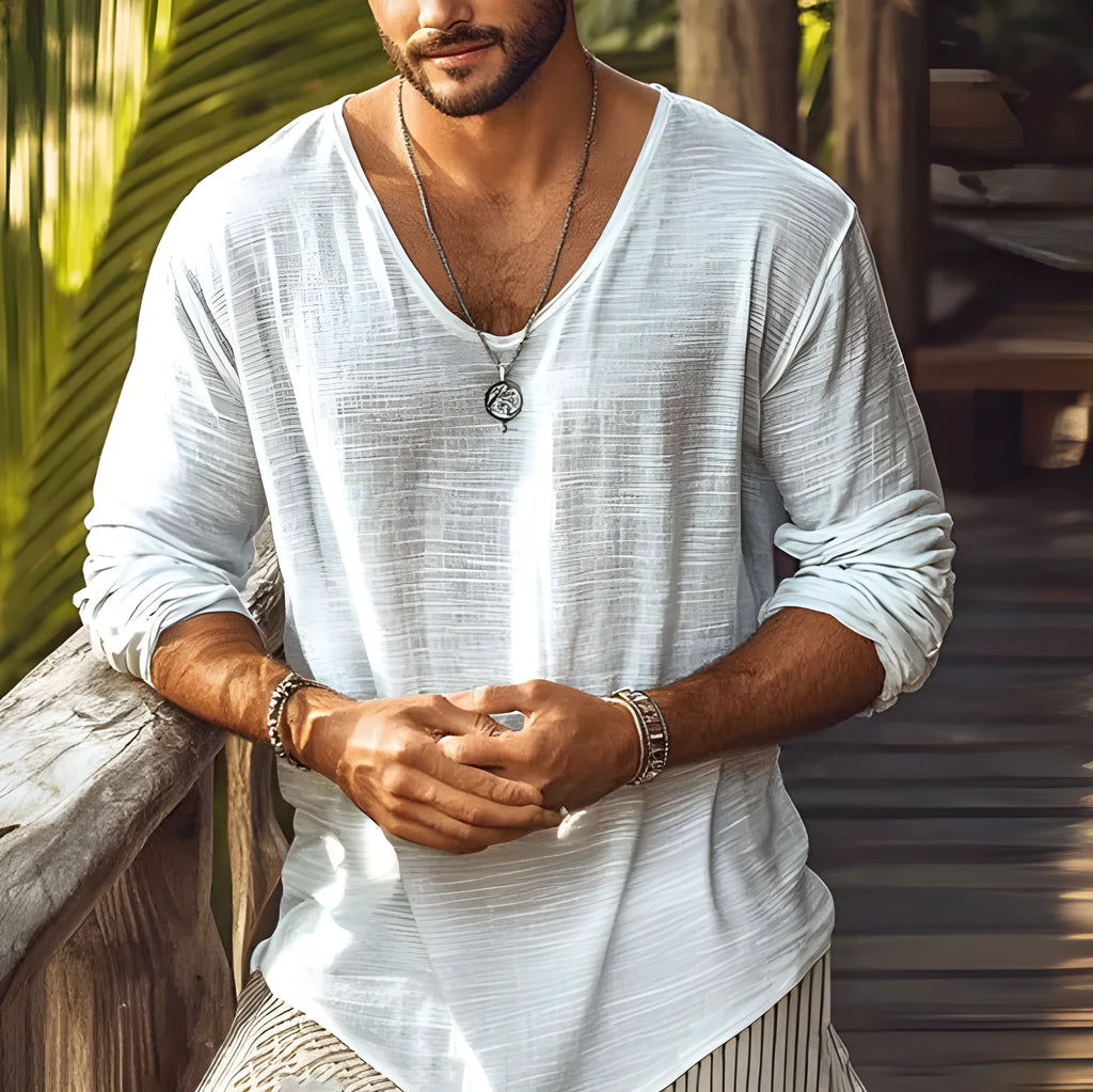 Beige slim fit V-neck long-sleeved top made from hemp blend polyester fabric