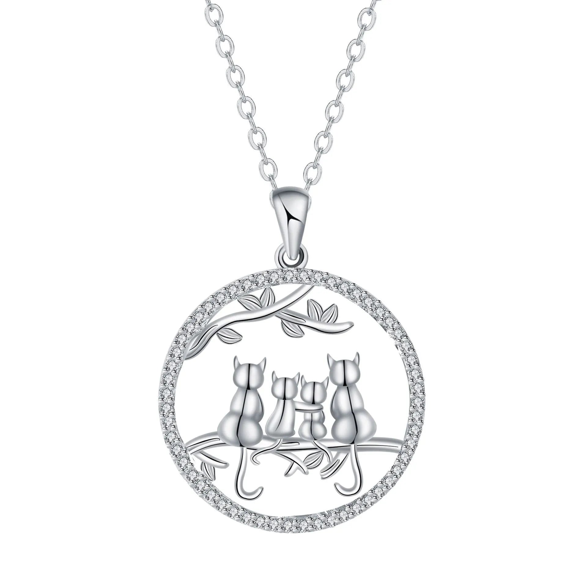 Women's necklace with four kitten pendant on copper cross chain, electroplated finish
