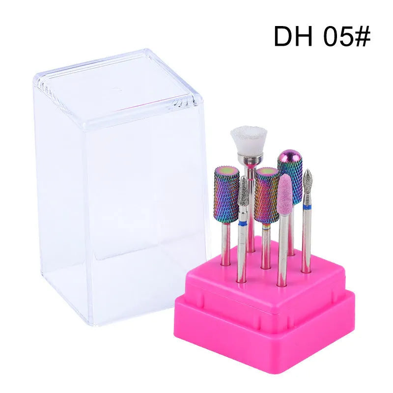 Tungsten steel nail drill bit set with 7 pieces including bits and brush in a clear case.